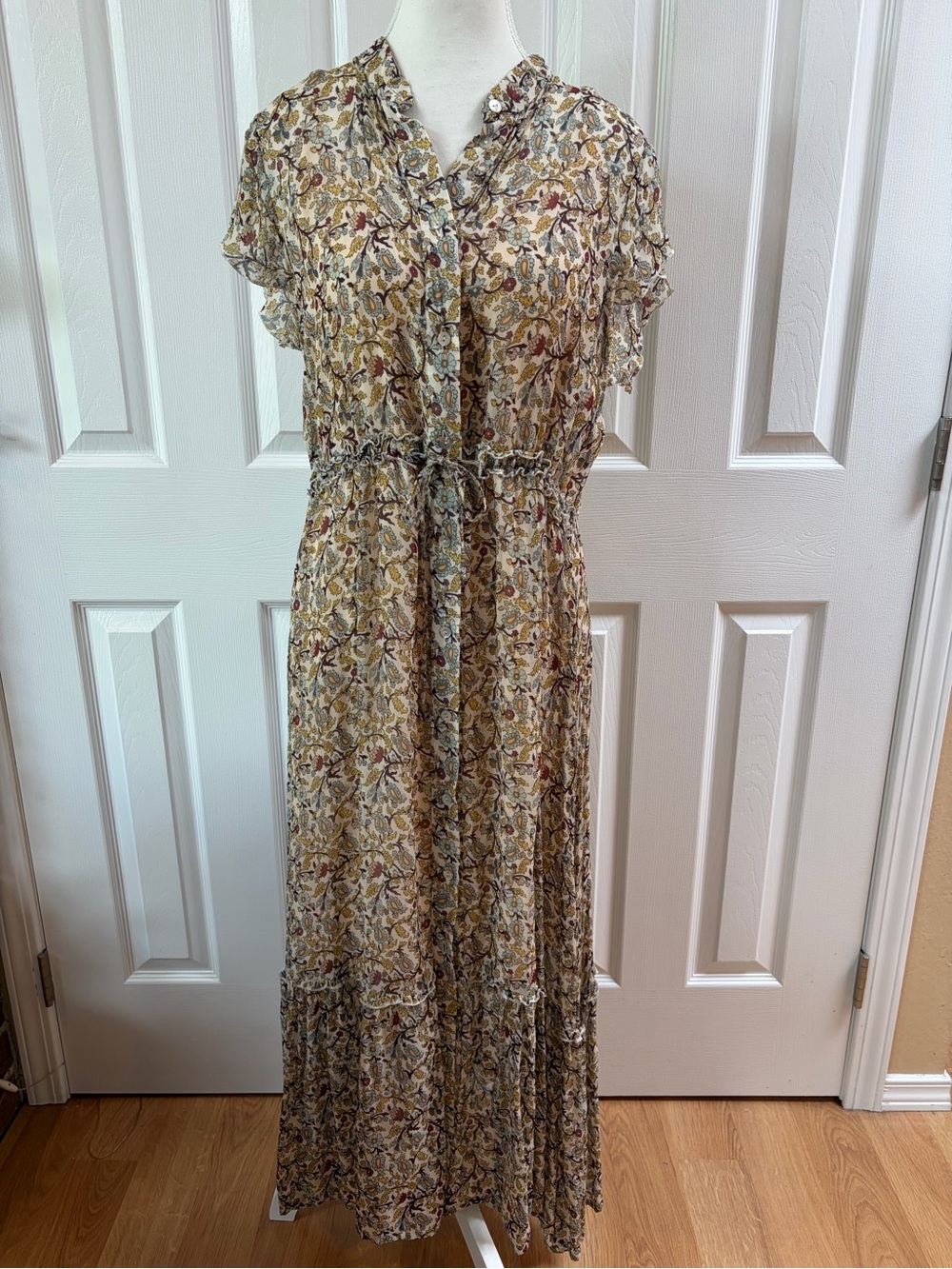 Summum Woman Cream, Teal, Burgundy Floral Pattern Tiered Maxi Dress Size 38 (M)